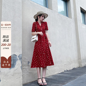 红色西装领碎花波点连衣裙女夏季2024新款法式高级感气质洋气裙子