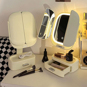 奶油风梳妆台led化妆镜收纳盒一体便携台式桌面带灯镜子化妆盒