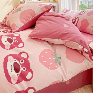 可爱草莓熊纯棉100床上四件套全棉儿童床品卡通被套女床单三件套4
