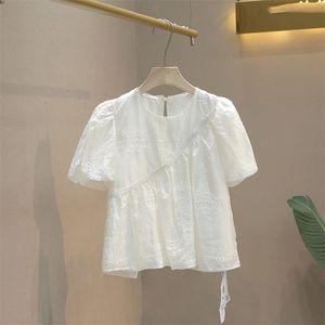 甜美纯色镂空圆领泡泡袖衬衫女2023夏季新款时尚气质减龄清新小衫