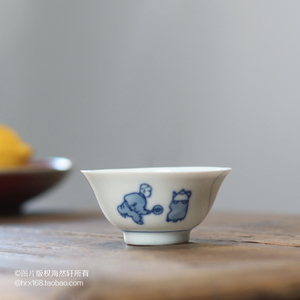 老潮州茶具90年代青花薄胎茶盏杯功夫茶杯高温陶瓷釉下彩纯手工绘