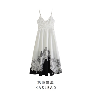 KASLEAD 新款 女装 欧美风时尚休闲度假风海洋印花吊带长裙