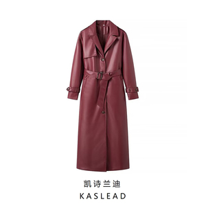 KASLEAD 新款 女装 欧美风时尚气质配腰带西装领长款皮衣外套