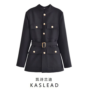KASLEAD 新款 女装 欧美风含腰带纽扣饰气质修身显瘦西装外套