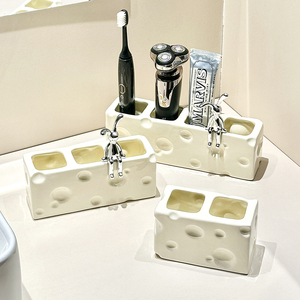 浴室洗漱台牙刷架卫生间电动牙刷置物架免打孔陶瓷牙刷牙膏收纳架