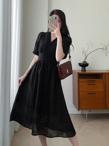 2024新款春夏季黑色蕾丝刺绣天丝连衣裙女短袖法式小个子中长裙子