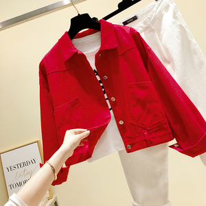 韩国复古红色牛仔外套女春秋韩版新款复古宽松夹克短款长袖上衣潮