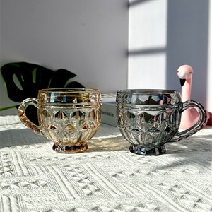 家用喝水杯子欧式精致带把花茶杯复古浮雕咖啡杯小清新玻璃小茶杯