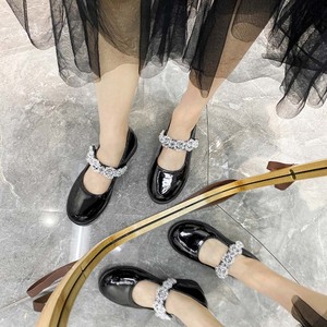 复古厚底法式玛丽珍小皮鞋女中粗跟黑色英伦2021年新款水晶珍珠鞋