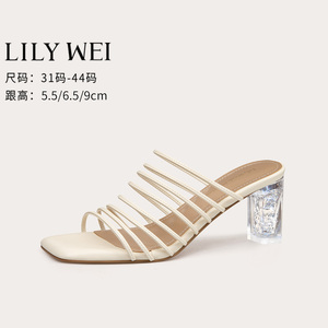 Lily Wei网红绑带水晶粗跟凉拖鞋优雅气质仙女风高跟鞋小码313233