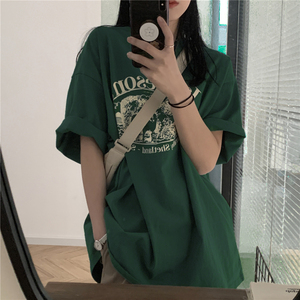 绿色短袖t恤女纯棉宽松慵懒风ins潮设计感小众上衣夏季2024年新款