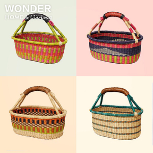 「面包篮」非洲进口象草手工编织收纳装饰置物提篮子真皮购物野餐