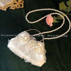复古珍珠手拎晚宴包2023新款玫瑰花朵包包女宴会包仙女斜挎手提包