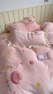 梨梦粉粉甜甜圈保暖加厚牛奶绒四件套床单被套床笠珊瑚绒床上用品