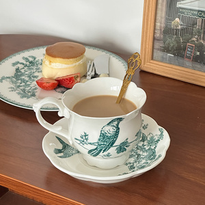 穆尼精致中古咖啡杯碟套装下午茶花鸟陶瓷海棠双雀花茶高颜值餐具