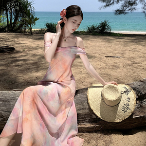 新中式水墨晕染印花雪纺吊带裙优雅礼服连衣裙夏季露背海边度假裙