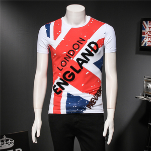 欧美风夏季男士个性花式短袖 创意米字英国旗图案字母印花圆领T恤