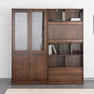实木书柜北欧现代简约胡桃木书房带玻璃门书架组合置物架展示柜