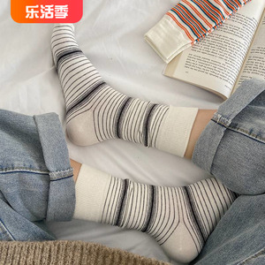 秋冬季韩国条纹袜子女中筒袜ins潮棉质学生简约百搭潮长筒堆堆袜