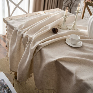 北欧素竹节棉麻布艺流苏边桌布长方形餐桌布纯色简约现代中式会议