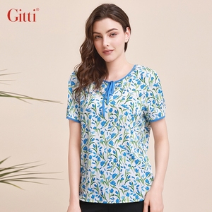 Gitti/吉蒂新品小碎花系带圆领短袖女时尚清新大码T恤G241255