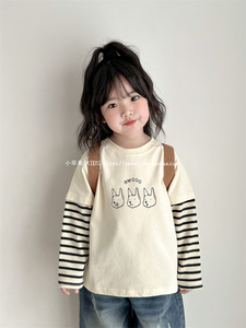 小苹果2024春秋韩版男女童宝宝假两件卡通上衣儿童长袖条纹T恤潮