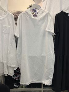 Ricco韩国进口现货白色纯棉短袖长款T恤蕾丝绣花纹连帽宽松连衣裙