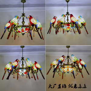老上海欧式复古彩色玻璃鹦鹉吊灯田园客厅酒吧别墅会所多头琉璃灯