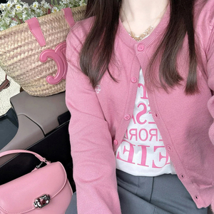 粉色圆领针织开衫女早春季2024新款韩系穿搭外套小个子短款上衣薄