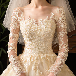 新娘主婚纱礼服2022新款齐地简约抖音同款超仙奢华蕾丝香槟色长袖