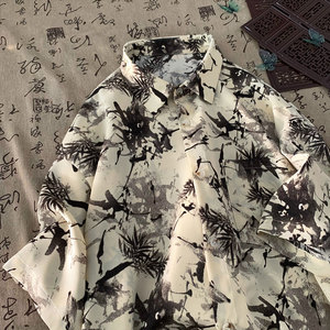 新中式泼墨花衬衫短袖男生2024年夏季高级感潮牌大码冰丝衬衣外套