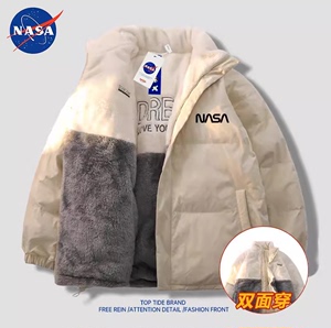 NASA联名冬季立领双面穿羽绒服男毛绒白鸭绒上衣潮流情侣保暖外套
