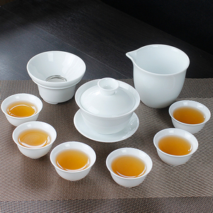 高白瓷功夫茶具套装纯白整套茶具家用陶瓷茶杯盖碗茶壶耐脏易清洗