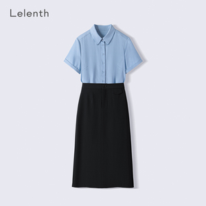 莱伦斯布蓝色竹纤维短袖职业衬衫女设计感圆角领面试通勤衬衣套裙