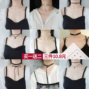 日韩简约大方黑色短款锁骨链项链少女学生蕾丝珍珠颈带项圈choker