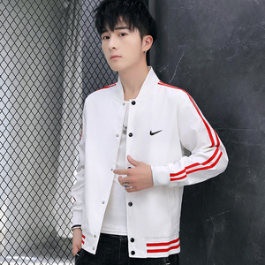 新品牌男装白色夹克秋季运动休闲外套2021潮流韩版帅气棒球领男装