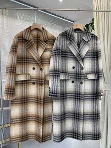 格子西装外套女韩版23年长款开衩双面羊绒大衣女外套简单气质秋冬