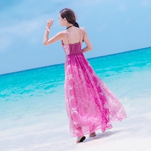泰国风情裙子到脚踝气质连衣裙红色仙海南三亚旅游沙滩裙海边度假