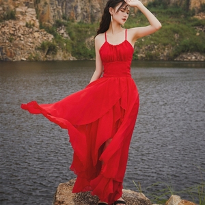 红色吊带不规则燕尾裙交叉露背绑带礼服长裙连衣裙三亚度假沙滩裙