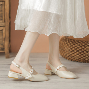 夏季三厘米高跟鞋浅色新中式鞋子法式晚风单鞋低跟气质包头凉鞋女