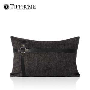 蒂芙家居现代简约轻奢沙发样板间黑灰色皮革十字贴布绣抱枕靠垫套