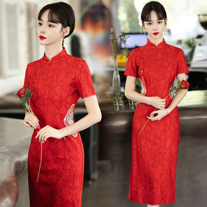 大码女装夏季新款改良款蕾丝旗袍收腰显瘦中国风大红色宴会连衣裙