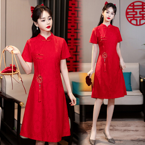 大码女装夏季新款大红色改良短袖旗袍年轻款绣花礼服订婚连衣裙