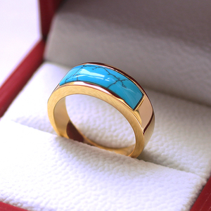 韩版黄金色绿松石戒指男潮个性复古宝石食指戒子时尚绅士男女首饰