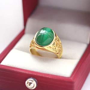 潮人时尚18K黄金色韩版复古男士戒指钛钢指环碧绿猫眼石食指戒子