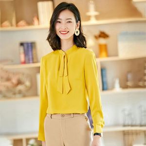 姜黄色衬衫女士秋装雪纺立领宽松长袖飘带衬衣职业装