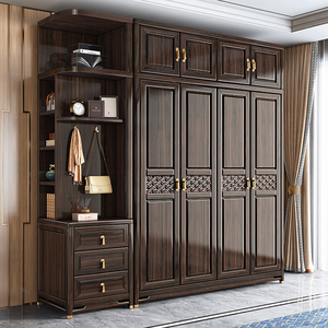 新中式实木衣柜现代大小户型卧室家用大容量储物柜乌金木衣橱柜