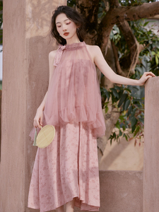 今年流行漂亮两件套装新中式国风复古粉色碎花连衣裙仙女长裙子夏