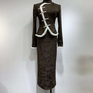 新中式国风气质显瘦旗袍水貂毛外套上衣提花复古半身裙子时尚套装