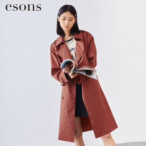 esons/爱城市春装女2024复古显白砖红色中长款系带风衣长外套